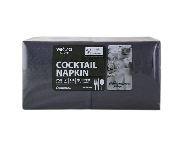 Veora Everyday Black Cocktail Napkin - 2-Ply | 1/4 Fold 250s 8PK / ctn