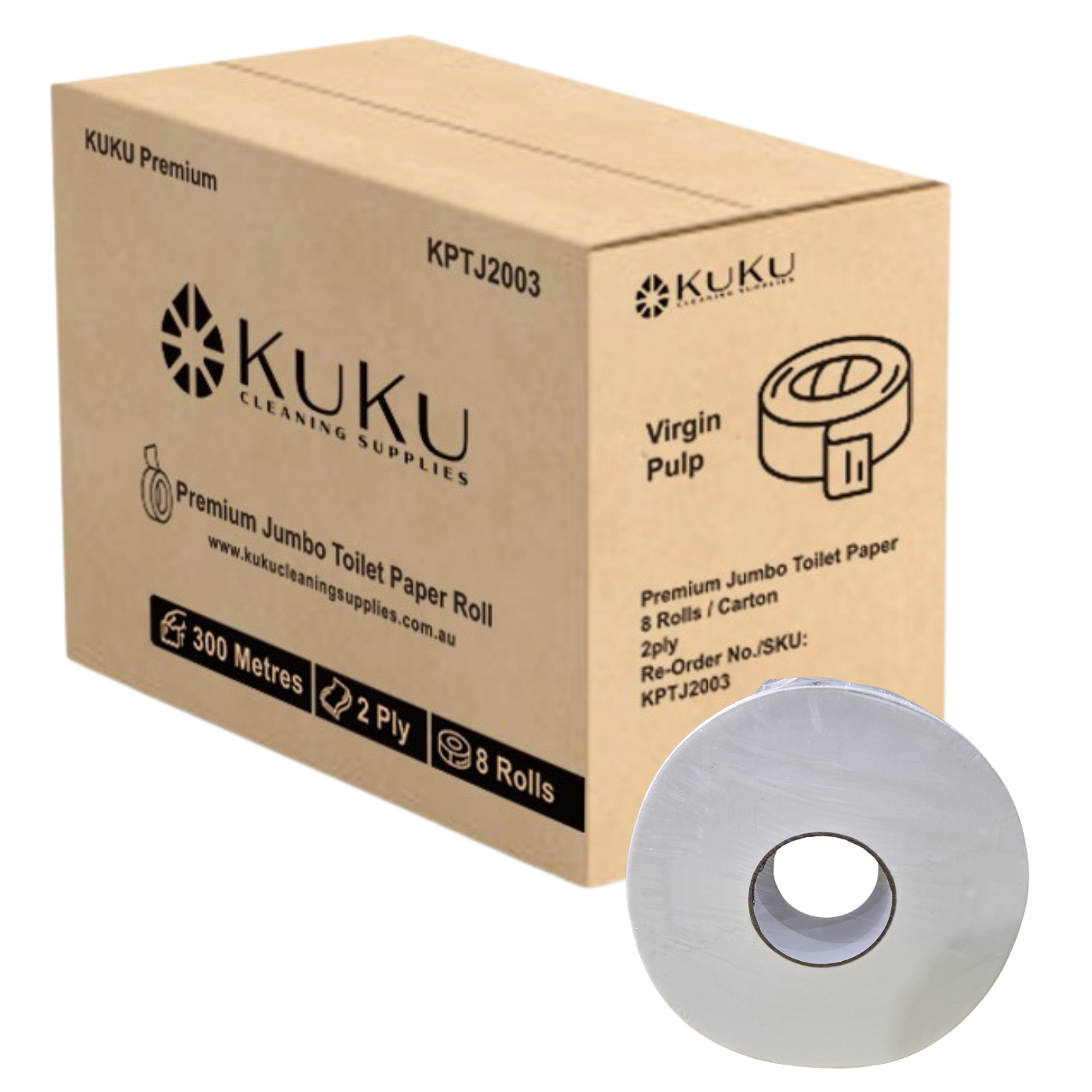 KUKU Premium Jumbo Toilet Roll 2 Ply 300m individually wrapped 8 rolls/CTN