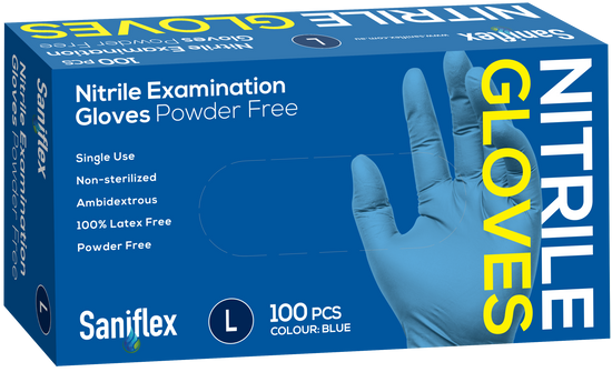 Saniflex Blue Nitrile  Examination Powder Free Gloves 100 Pack - Large