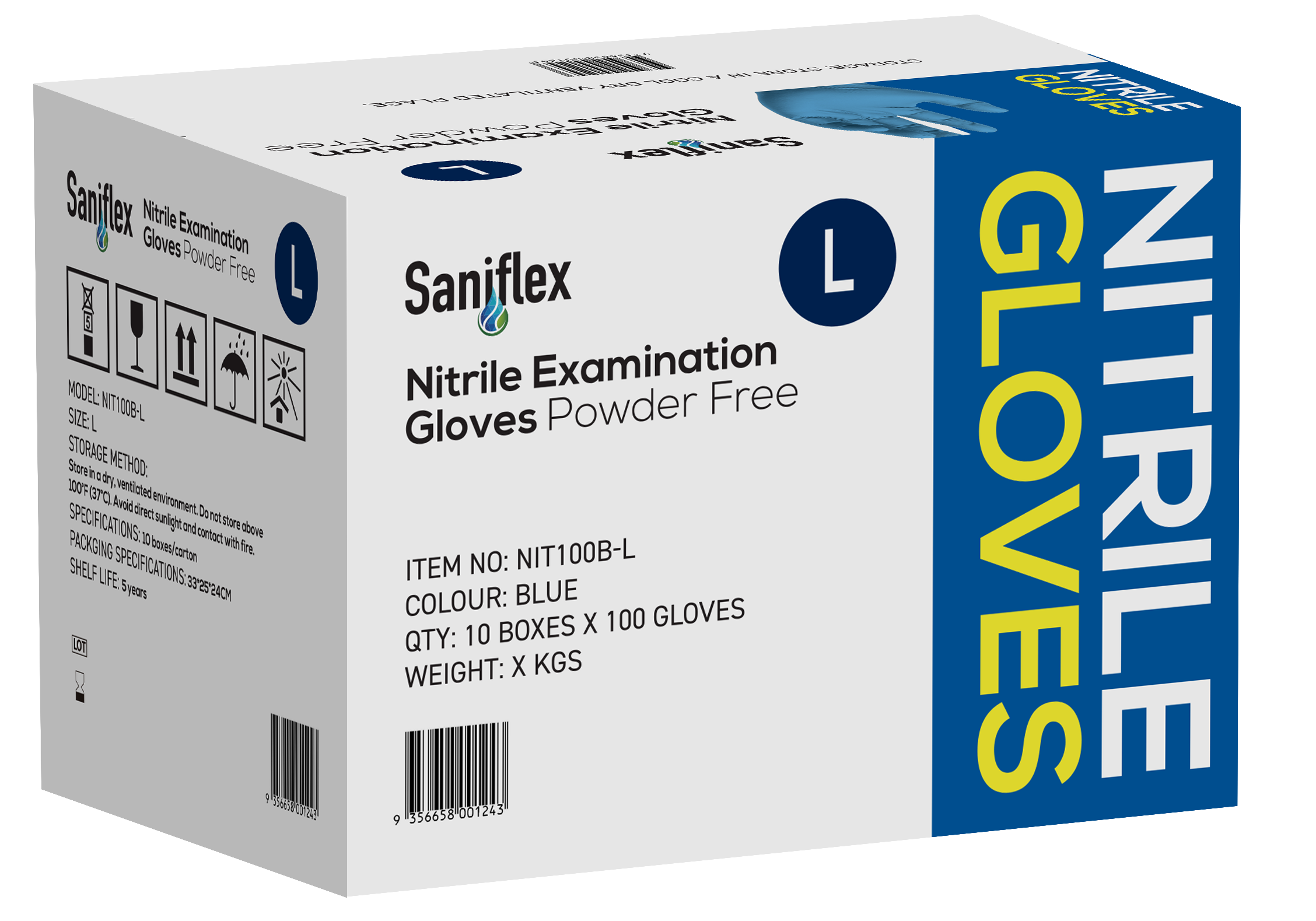 Saniflex Blue Nitrile  Examination Powder Free Gloves 100 Pack - Large