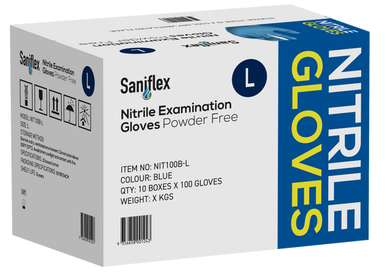Saniflex Blue Nitrile  Examination Powder Free Gloves 100 Pack - Large