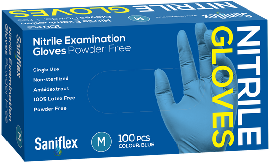 Saniflex Blue Nitrile  Examination Powder Free Gloves 100 Pack - Medium