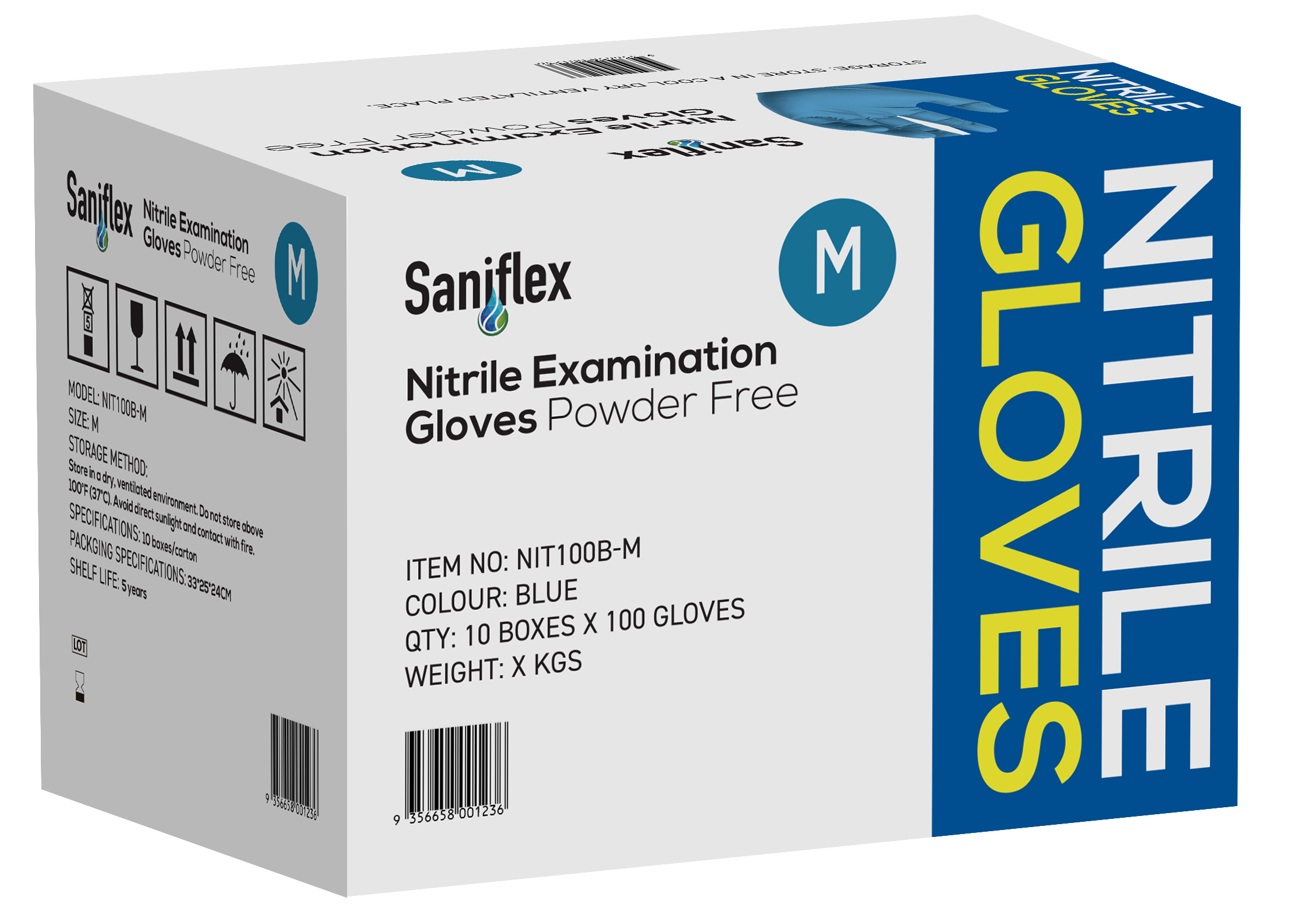 Saniflex Blue Nitrile  Examination Powder Free Gloves 100 Pack - Medium