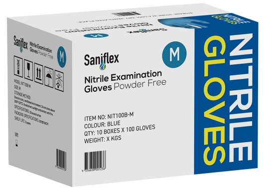 Saniflex Blue Nitrile  Examination Powder Free Gloves 100 Pack - Medium