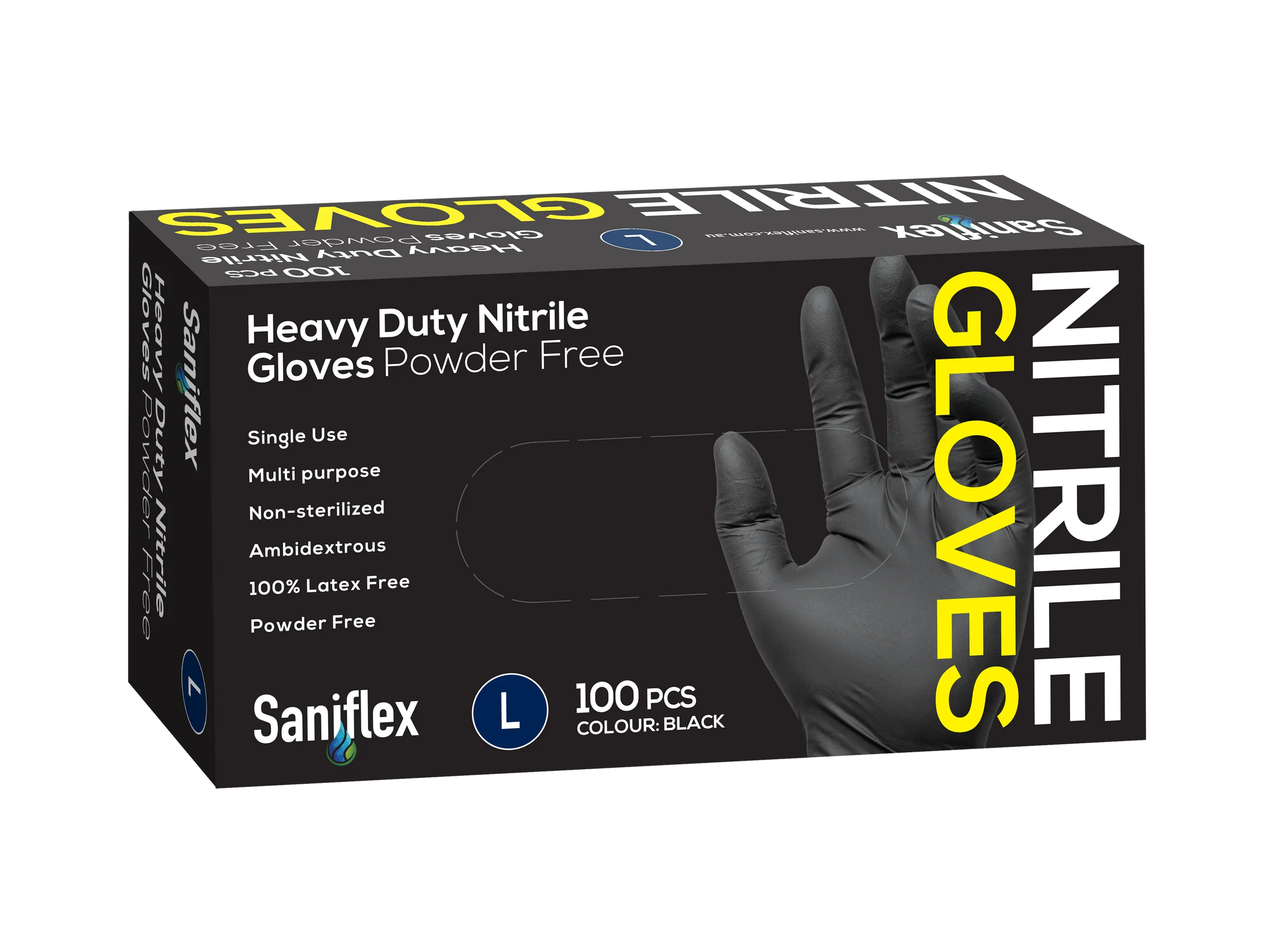 Saniflex Heavy Duty Black Nitrile Gloves 100 Pack - Large