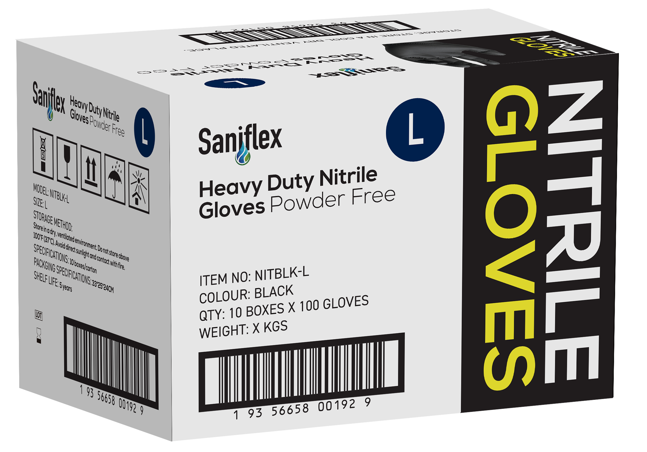 Saniflex Heavy Duty Black Nitrile Gloves 100 Pack - Large