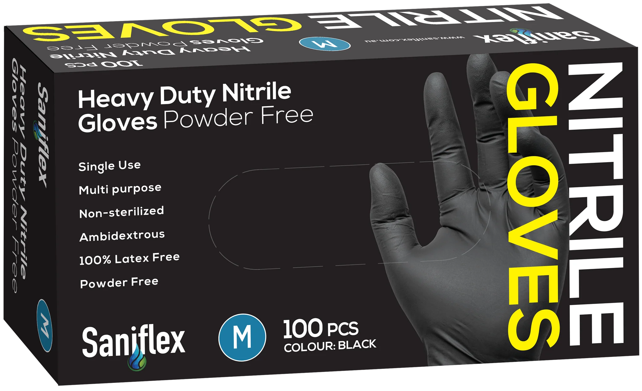 Saniflex Heavy Duty Black Nitrile Gloves 100 Pack - Medium
