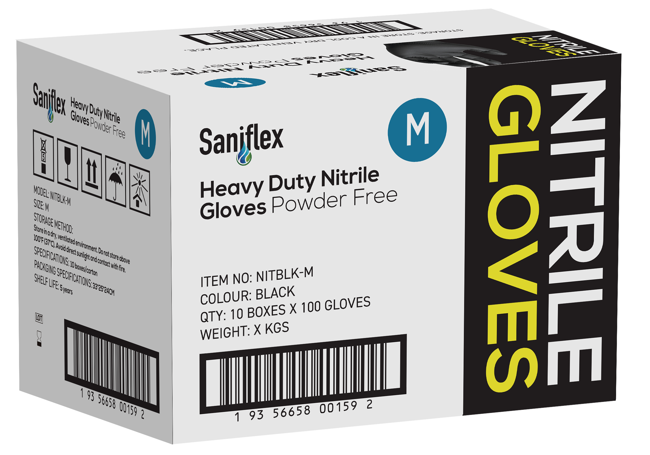 Saniflex Heavy Duty Black Nitrile Gloves 100 Pack - Medium