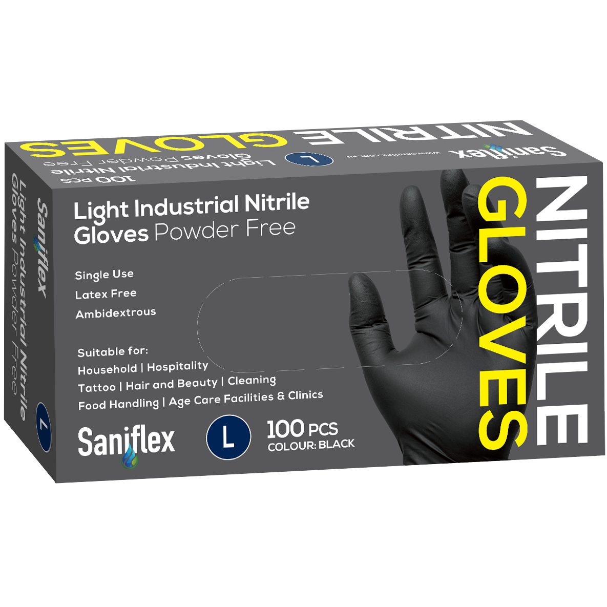 Saniflex Light Industrial Black Nitrile Black Gloves 100 Pack - Large