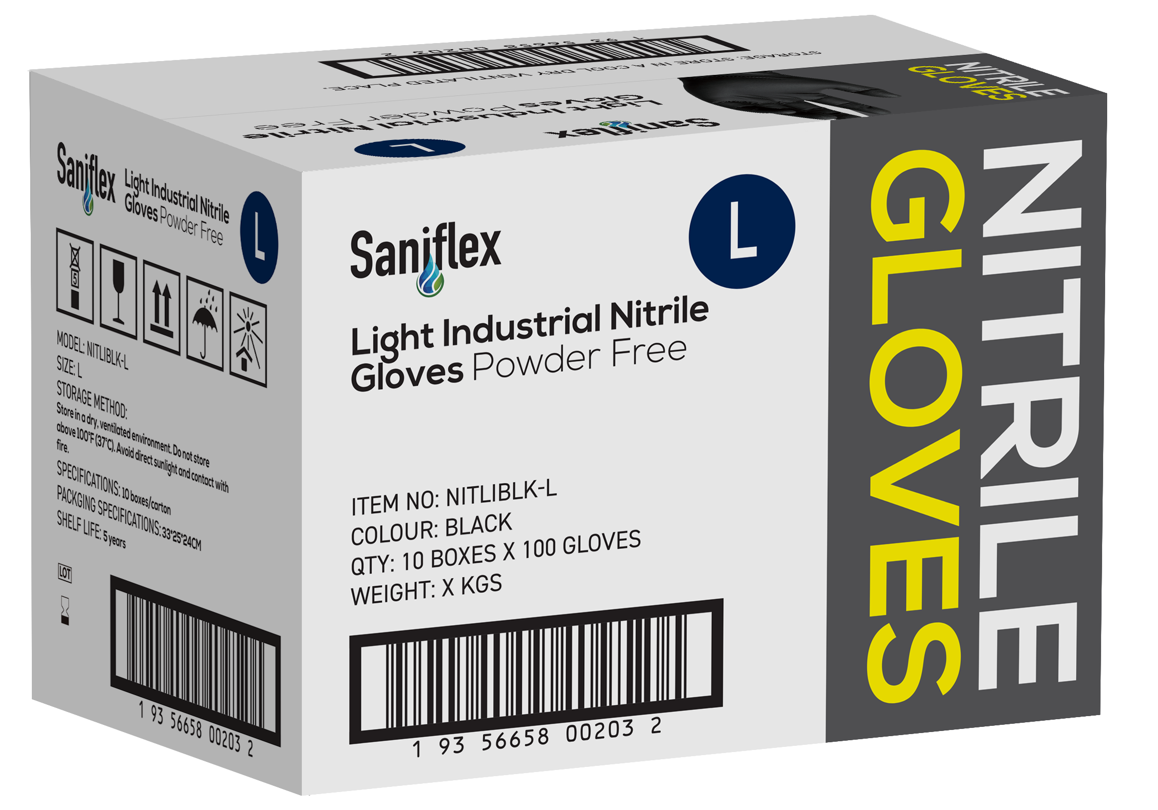 Saniflex Light Industrial Black Nitrile Black Gloves 100 Pack - Large