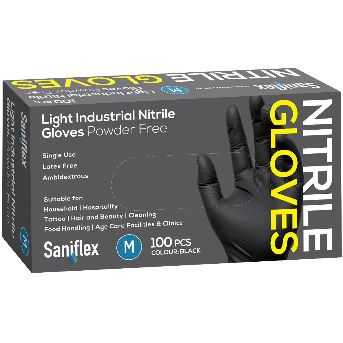 Saniflex Light Industrial Black Nitrile Black Gloves 100 Pack - Medium