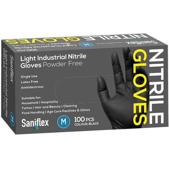 Saniflex Light Industrial Black Nitrile Black Gloves 100 Pack - Medium