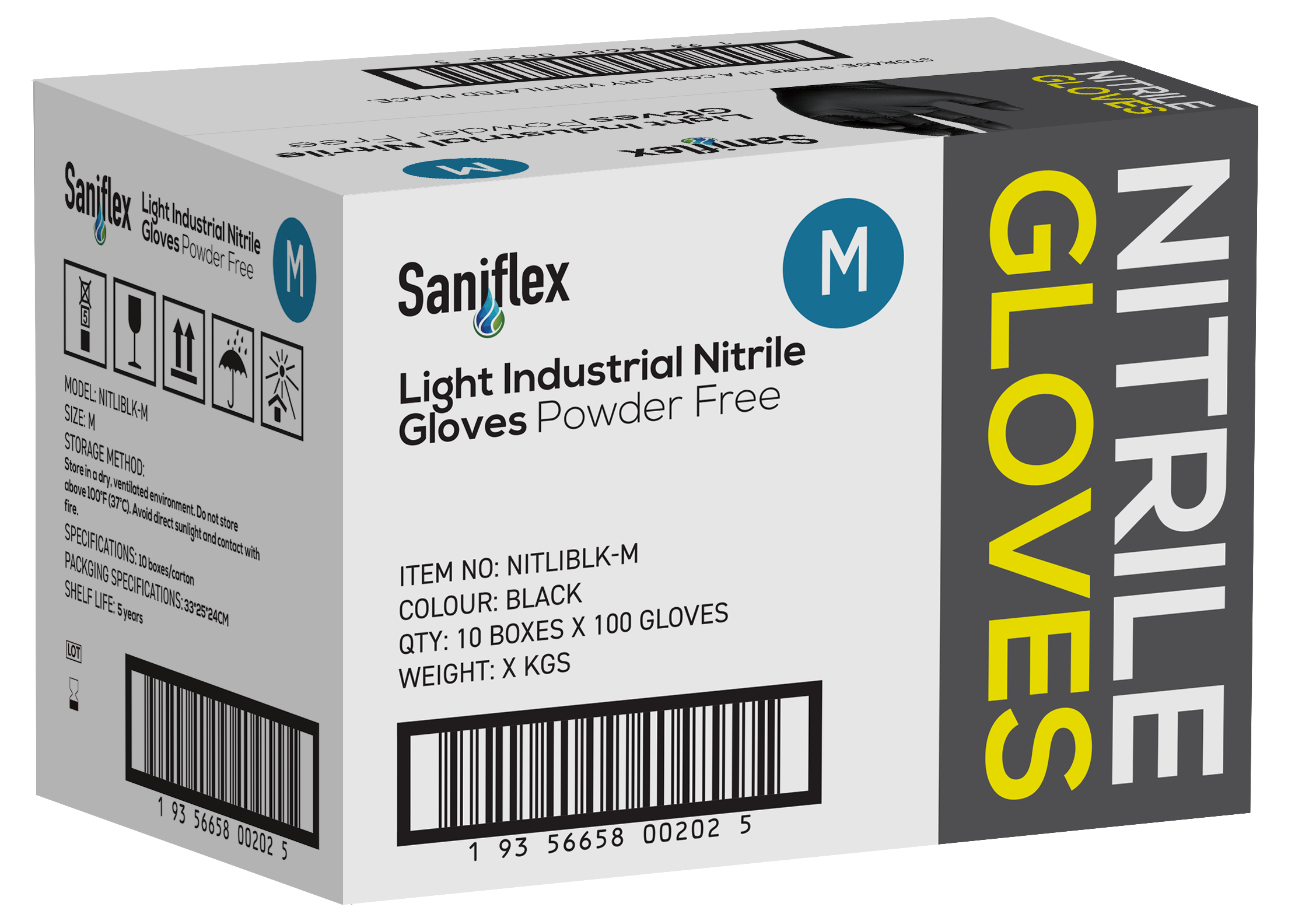 Saniflex Light Industrial Black Nitrile Black Gloves 100 Pack - Medium