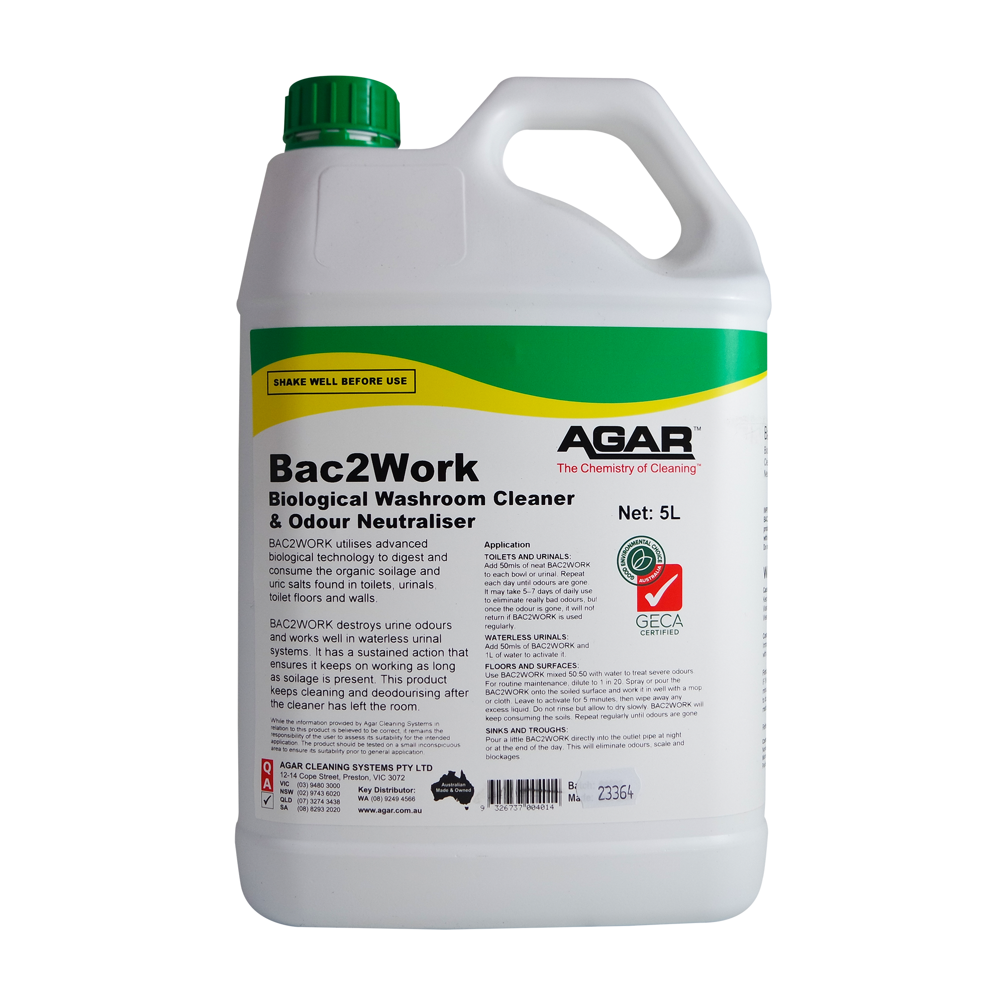 AGAR™ Bac2work Biological Washroom Cleaner & Odour neutraliser 5L